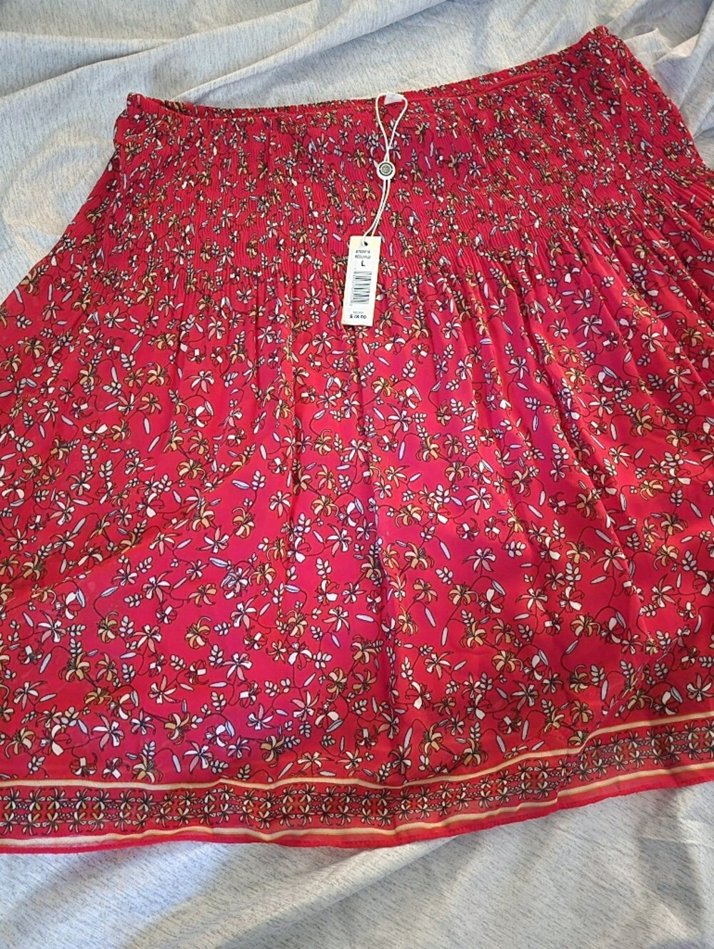 Max Studio Red Floral Smocked Waist Circle Skirt